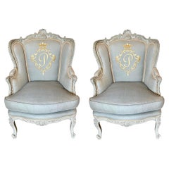Pair of Antique Gustavian Style Louis XV Petit Bergere Chairs,  Monogram P