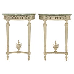  Pair of "antique" Half-Moon Consoles in Gray Lacquered Louis XVI Style