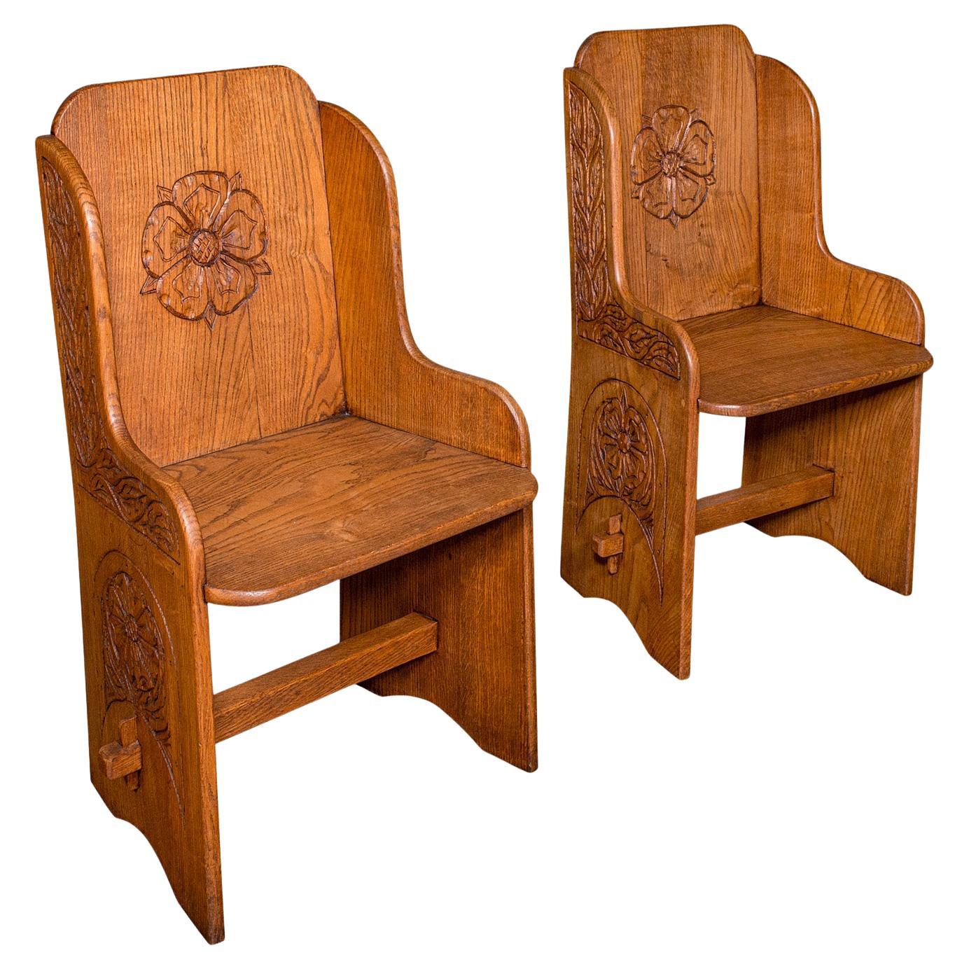 Pair of Antique Hall Chairs, English, Oak, Country House Seat, Side, Edwardian