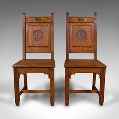 Pair of Antique Hall Chairs, English Oak, Dining Seat, Ecclesiastical, Victorian