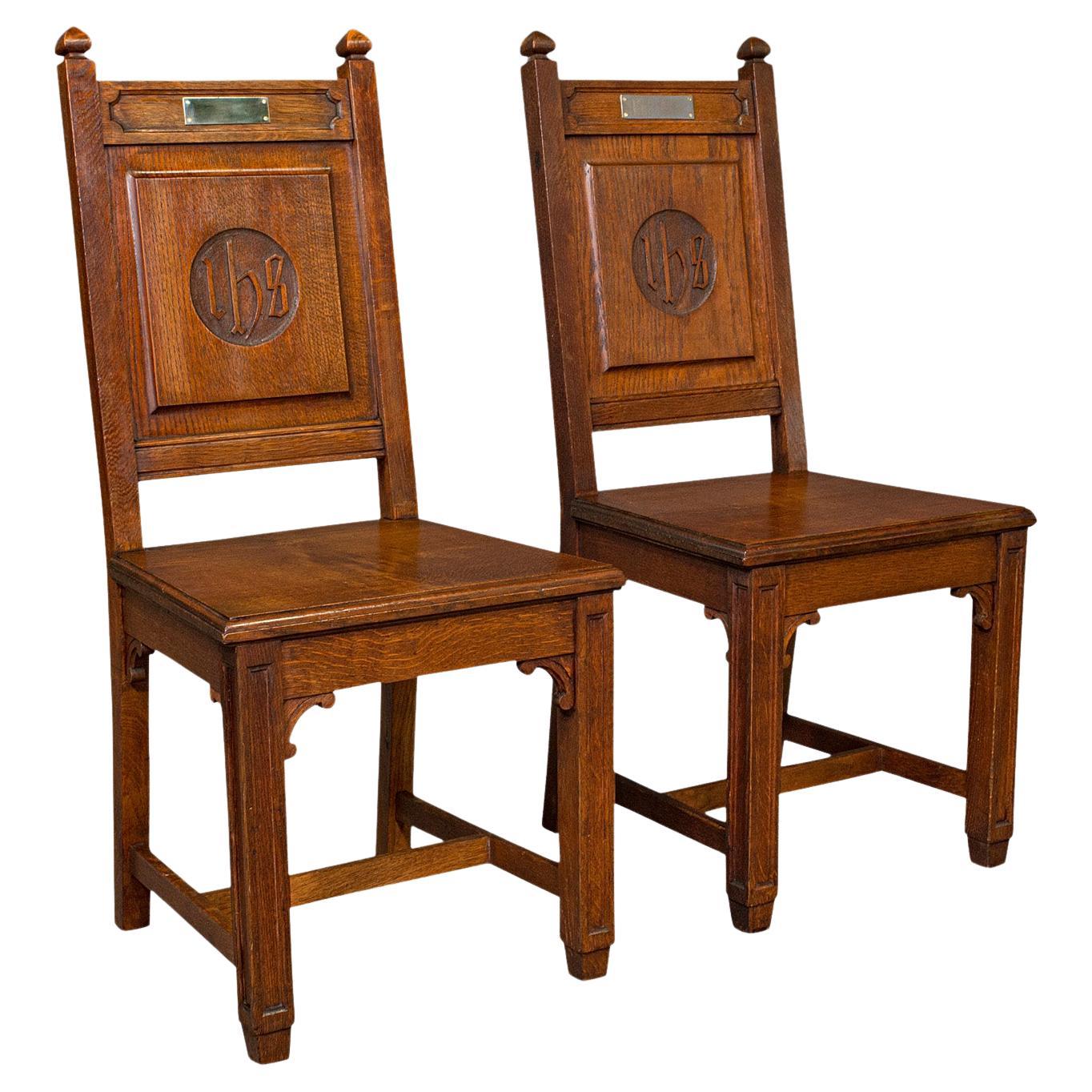 Pair of Antique Hall Chairs, English Oak, Dining Seat, Ecclesiastical, Victorian For Sale
