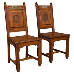 Paire de chaises d'entrée anciennes en chêne anglais, siège de salle à manger, ecclésiastiques, victoriennes