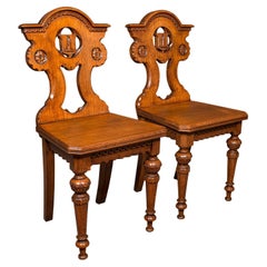 Pair Of Used Hall Chairs, Scottish, Oak, Seat, Arts & Crafts Taste, Victorian