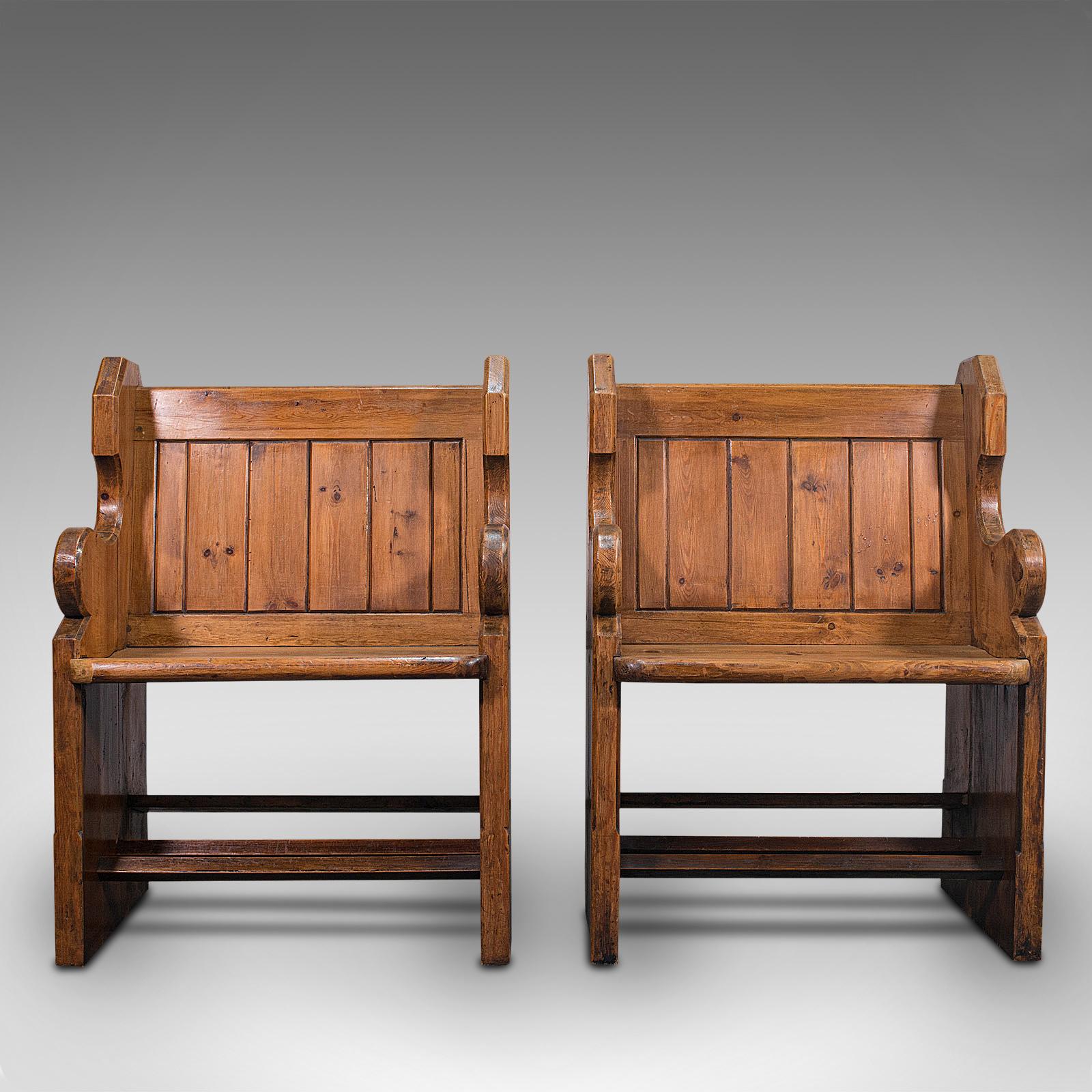 This is a pair of antique hall seats. An English, pine reception or conservatory chair, dating to the late Victorian period, circa 1900.

Spend quality time relaxing with this comfortable pair of seats
Displaying a desirable aged patina and in