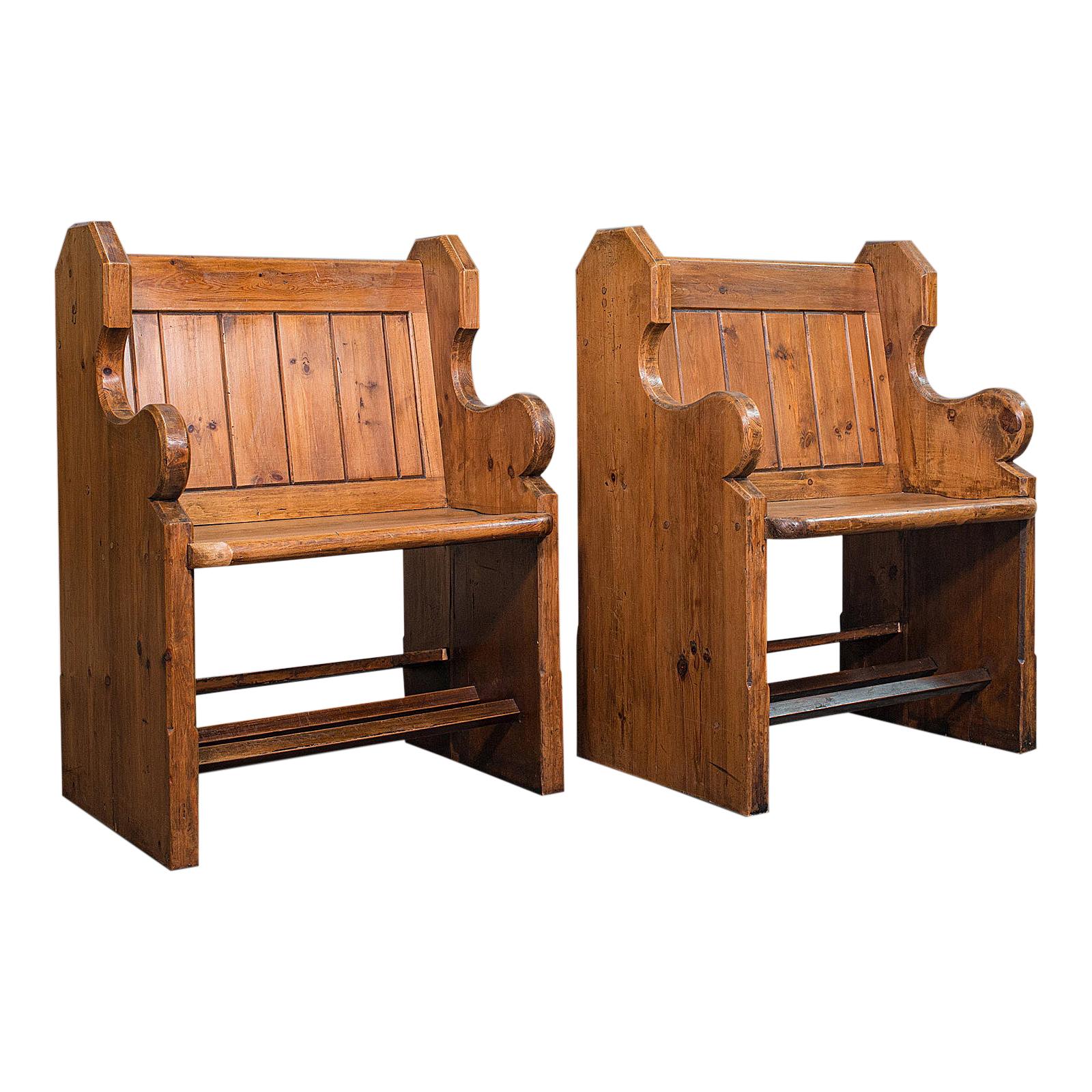 Pair of Antique Hall Seats, English, Pine, Reception, Conservatory, Victorian For Sale