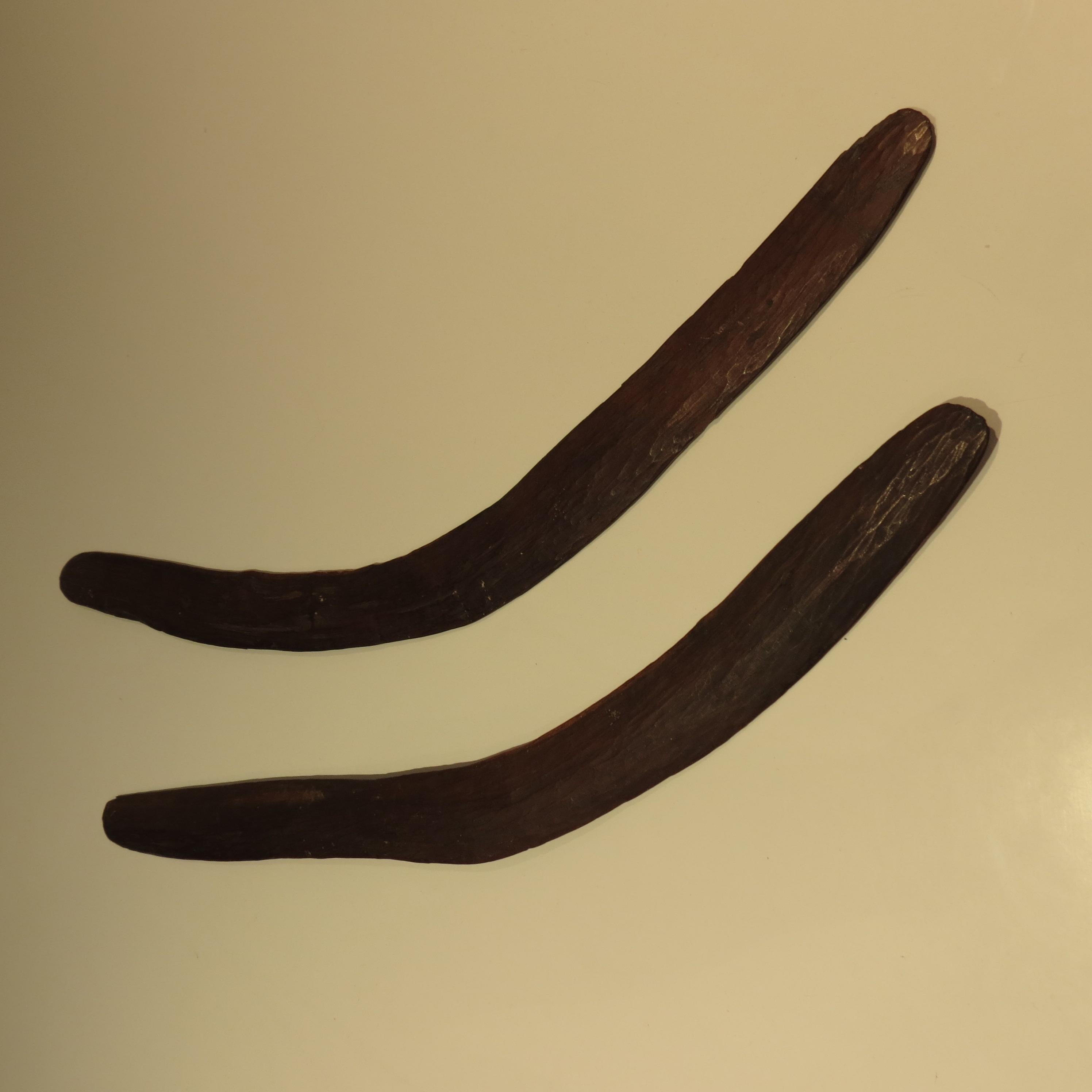 Pair of antique Aboriginal boomerangs. Made from Mulga wood and carved using a stone.
Good patination, signs of use and wear throughout.
They date from the late 19th century.

   