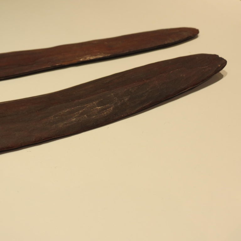 Pair of Antique Hand Carved Aboriginal Wooden Boomerangs For Sale at
