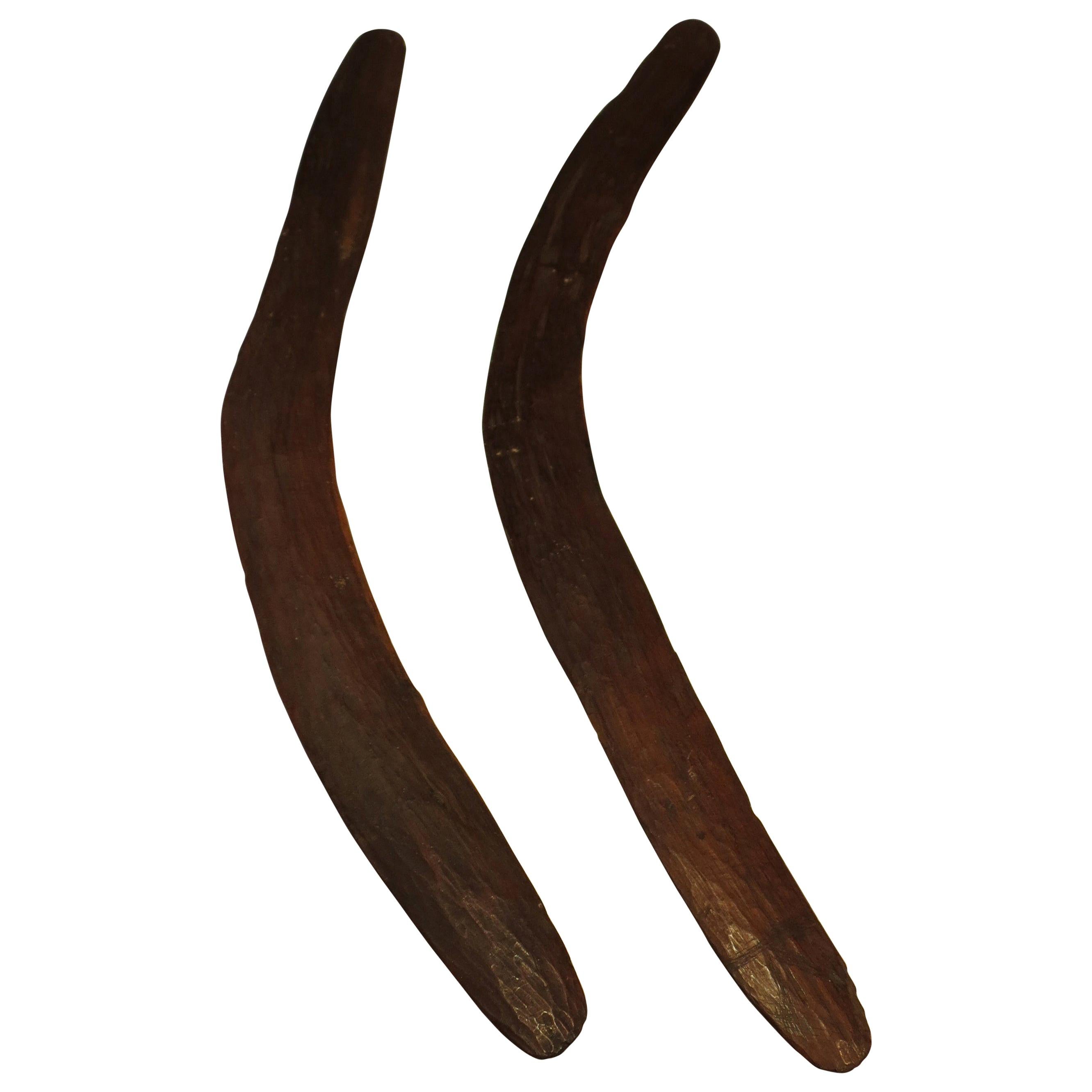 Pair of 19th Century Antique Hand Carved Aboriginal Wooden Boomerangs