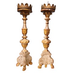 Pair of Antique Hand-Carved and time-worn European Church Candlesticks