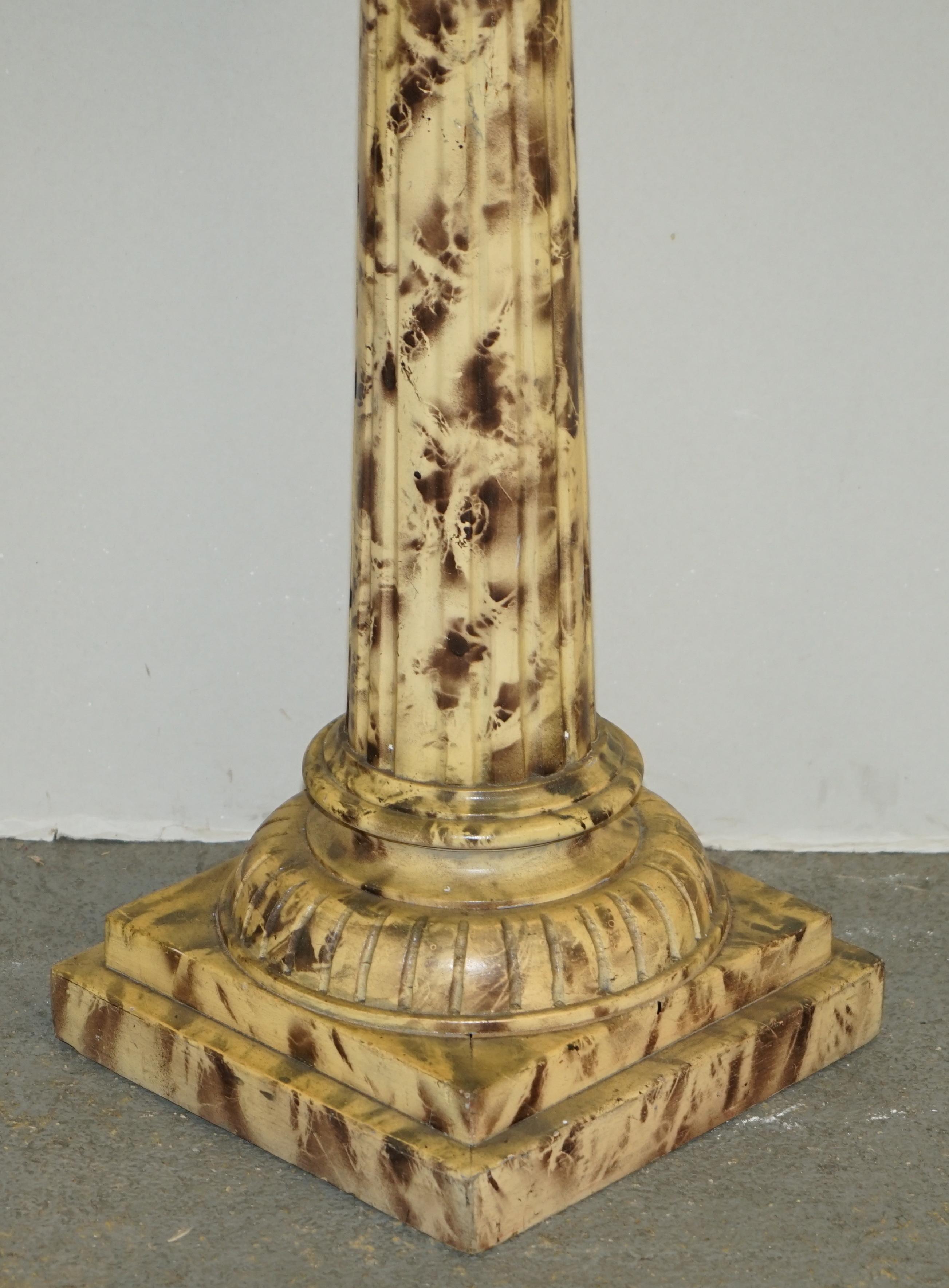 Pair of Antique Hand Carved Corinthian Pillar Pedestal Stands Faux Marble Paint For Sale 1