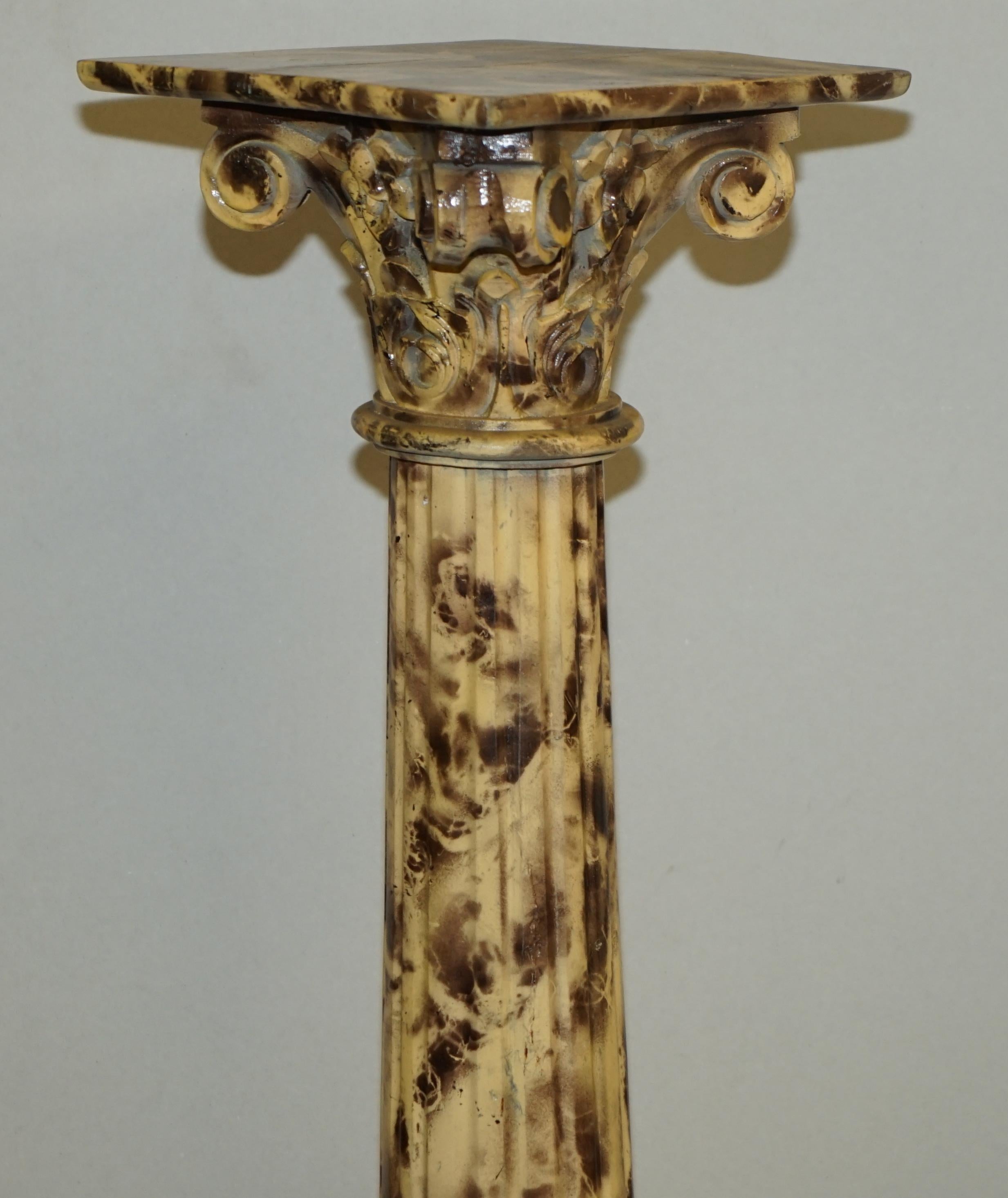Pair of Antique Hand Carved Corinthian Pillar Pedestal Stands Faux Marble Paint For Sale 2