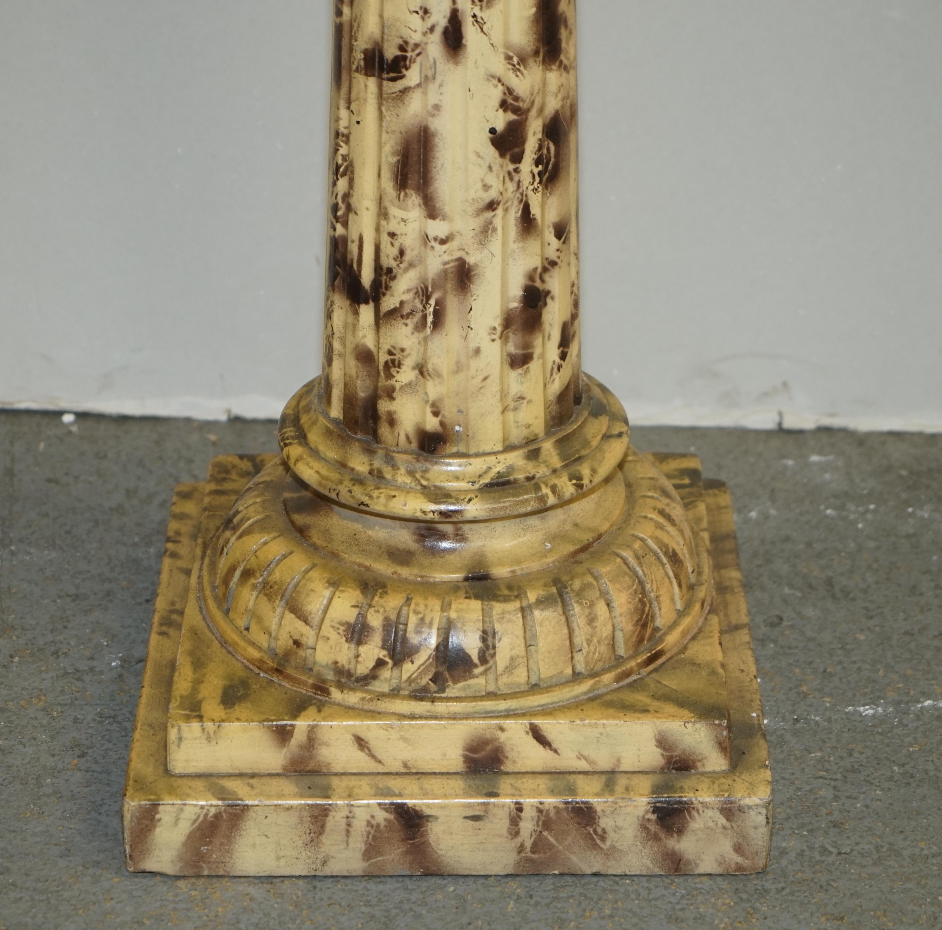 Pair of Antique Hand Carved Corinthian Pillar Pedestal Stands Faux Marble Paint For Sale 3