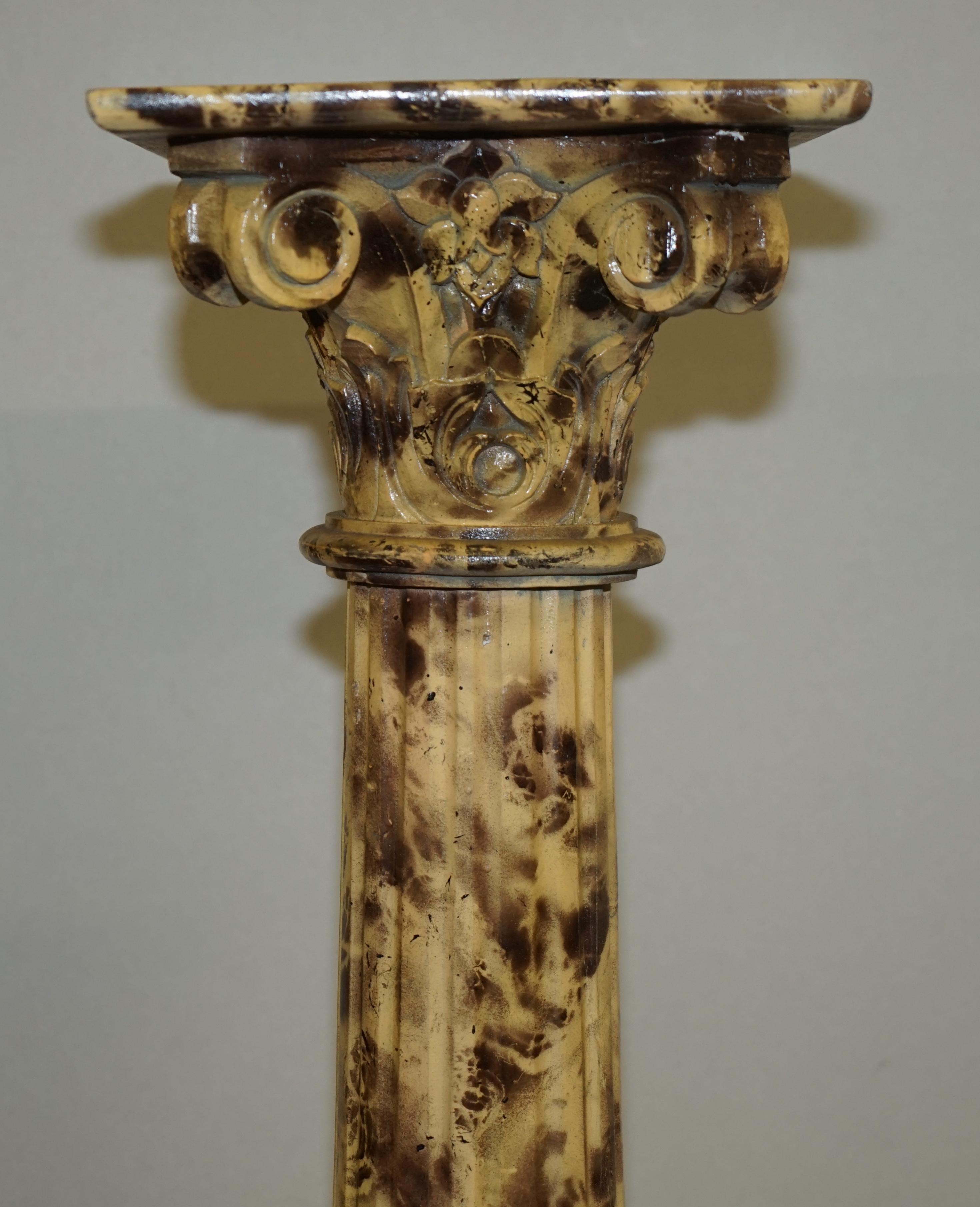 Pair of Antique Hand Carved Corinthian Pillar Pedestal Stands Faux Marble Paint For Sale 5