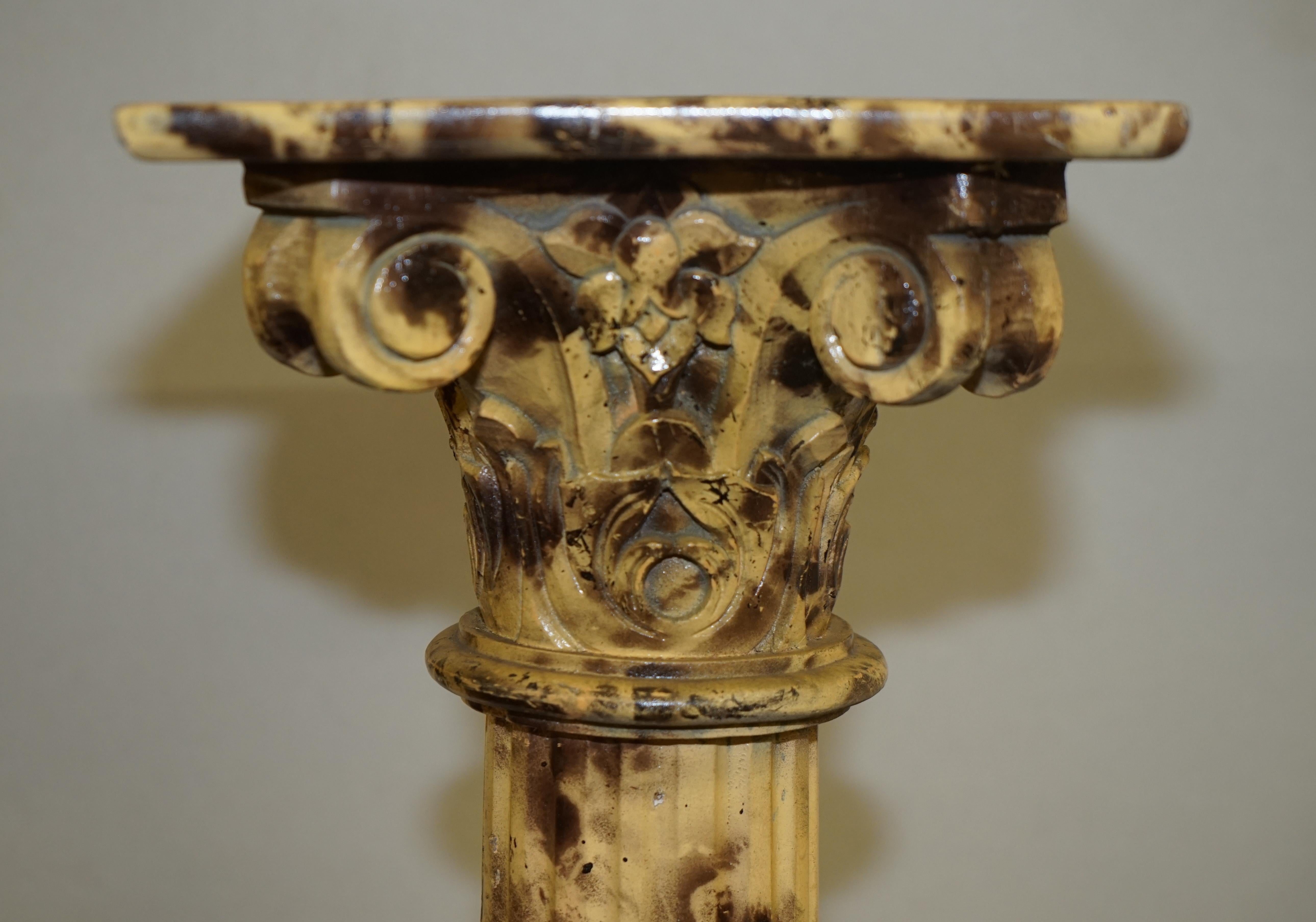Pair of Antique Hand Carved Corinthian Pillar Pedestal Stands Faux Marble Paint For Sale 6