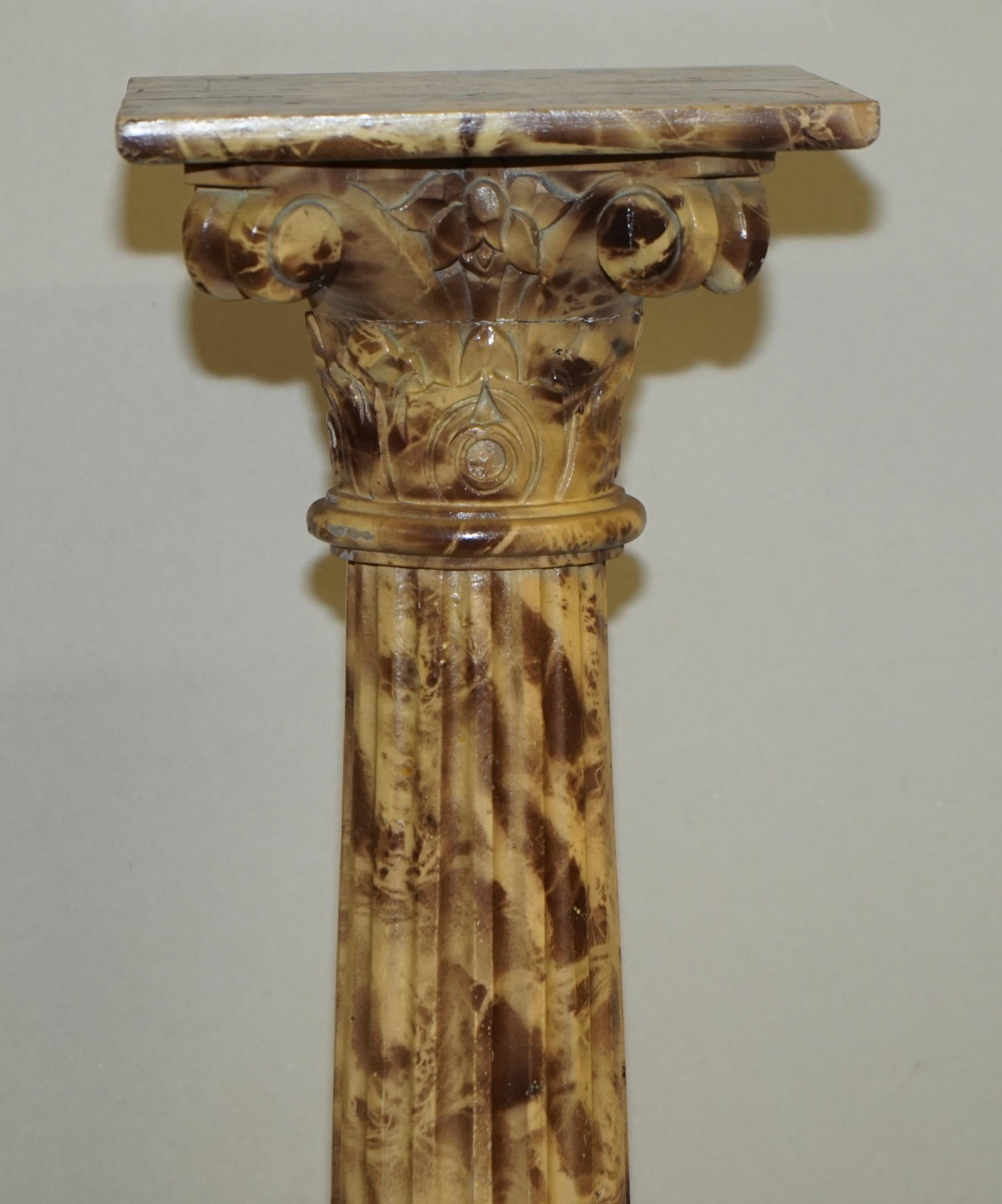 European Pair of Antique Hand Carved Corinthian Pillar Pedestal Stands Faux Marble Paint For Sale