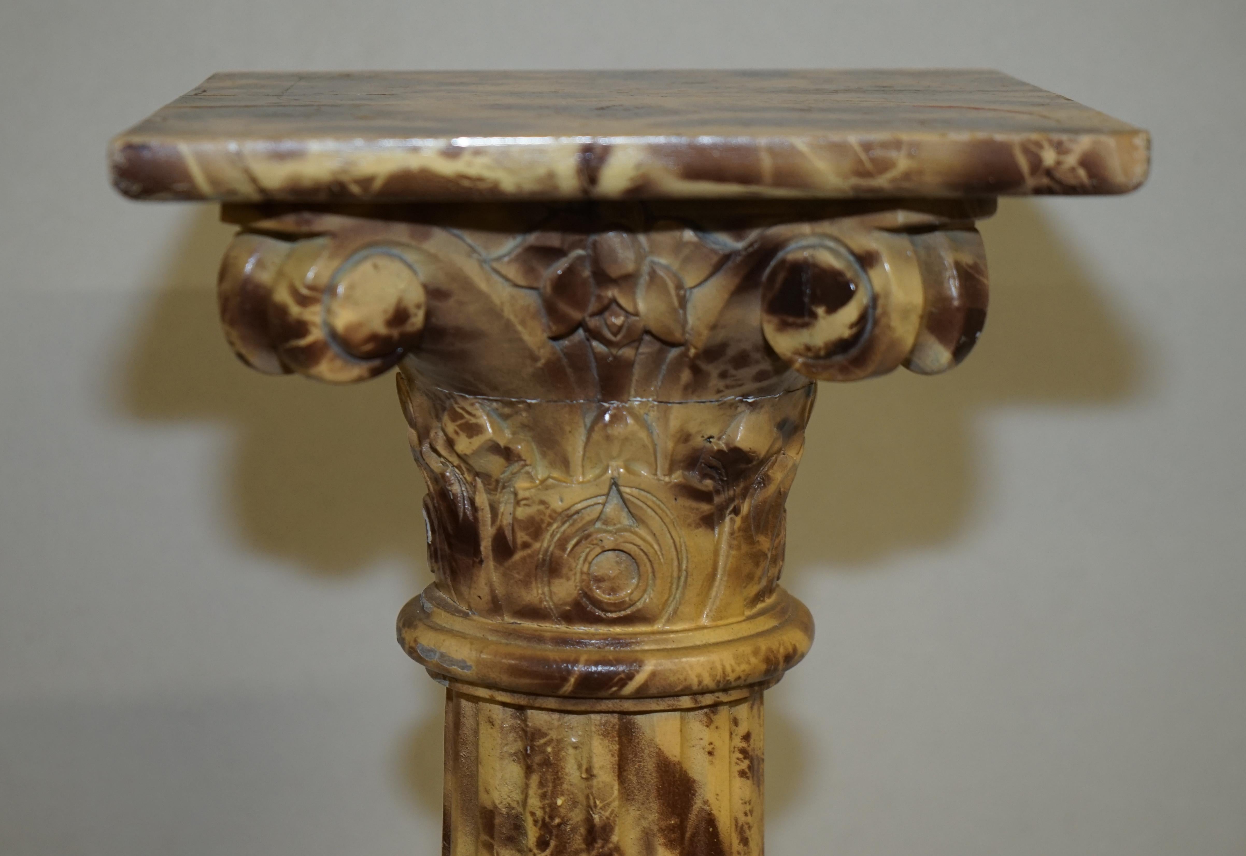 Hand-Painted Pair of Antique Hand Carved Corinthian Pillar Pedestal Stands Faux Marble Paint For Sale
