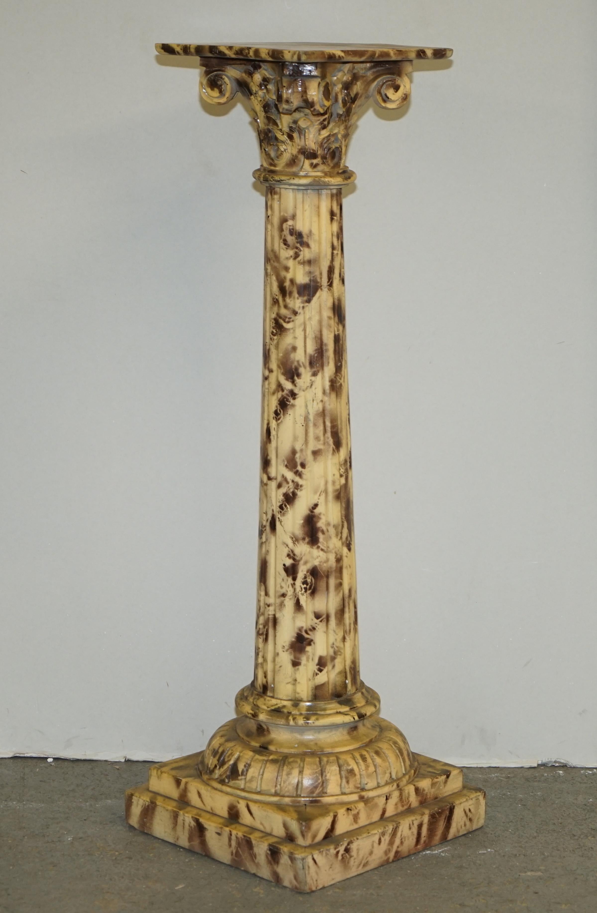 Pine Pair of Antique Hand Carved Corinthian Pillar Pedestal Stands Faux Marble Paint For Sale