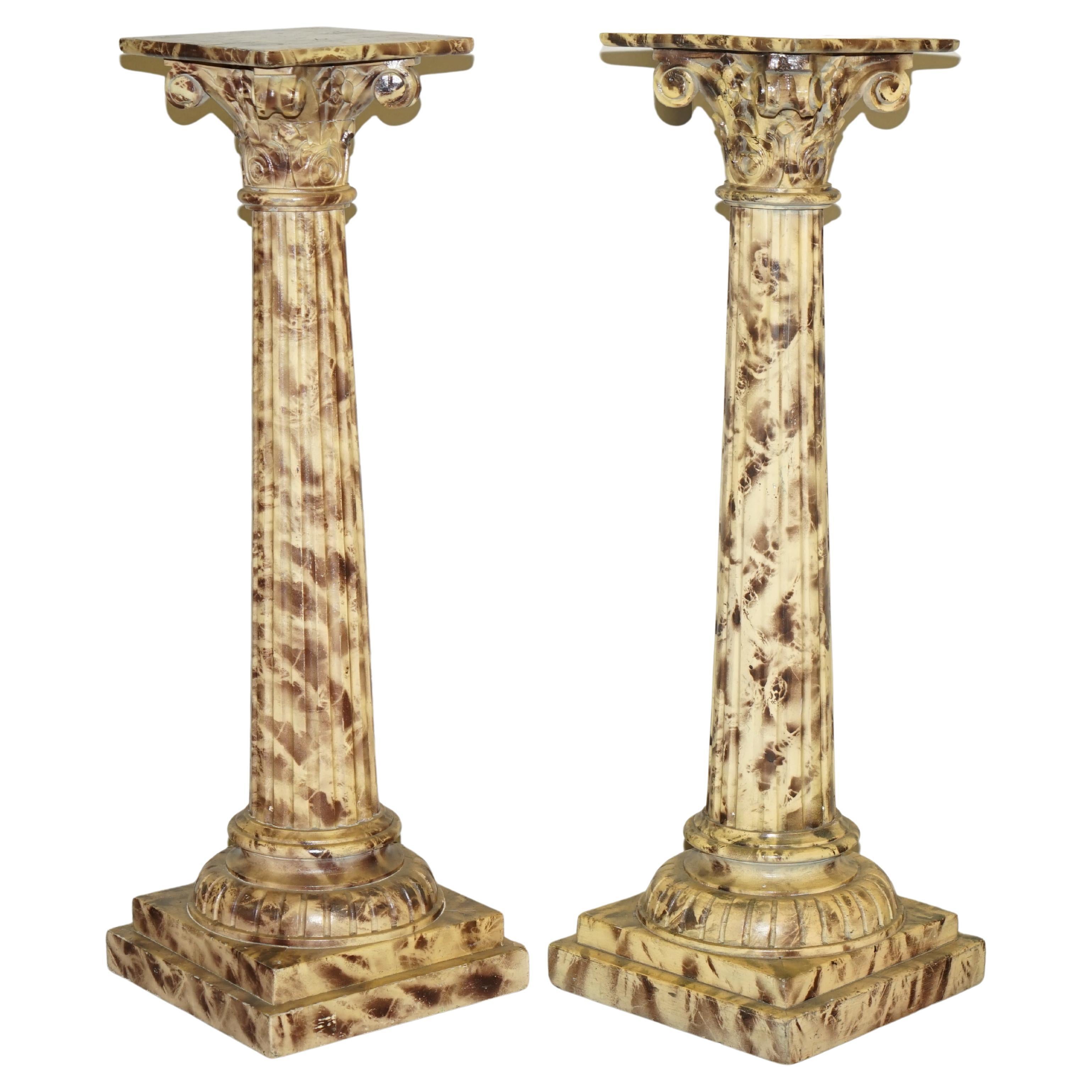 Pair of Antique Hand Carved Corinthian Pillar Pedestal Stands Faux Marble Paint For Sale
