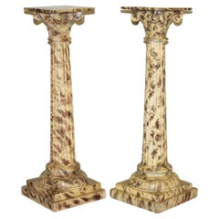 Pair of Antique Hand Carved Corinthian Pillar Pedestal Stands Faux Marble Paint