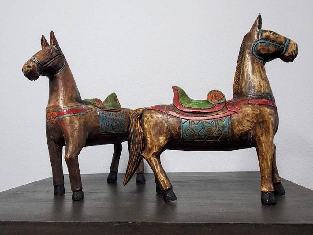20th Century Pair of Antique Hand Carved Folk Art Horse Sculptures
