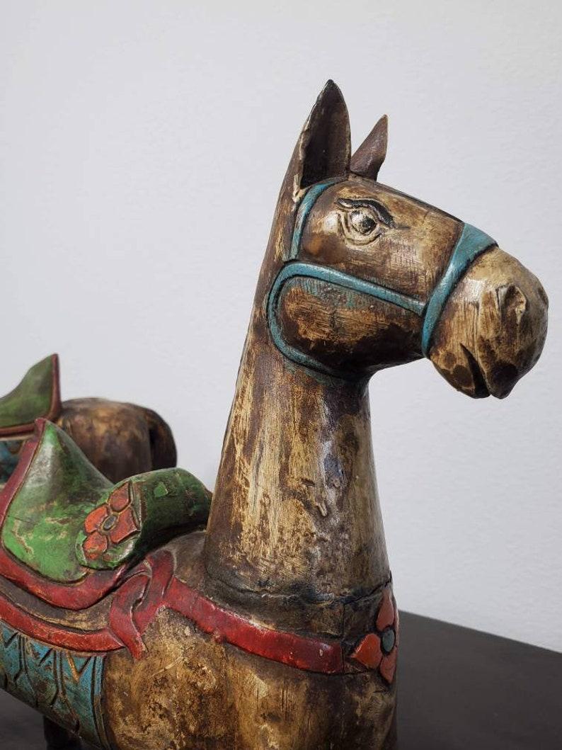 Pair of Antique Hand Carved Folk Art Horse Sculptures 1