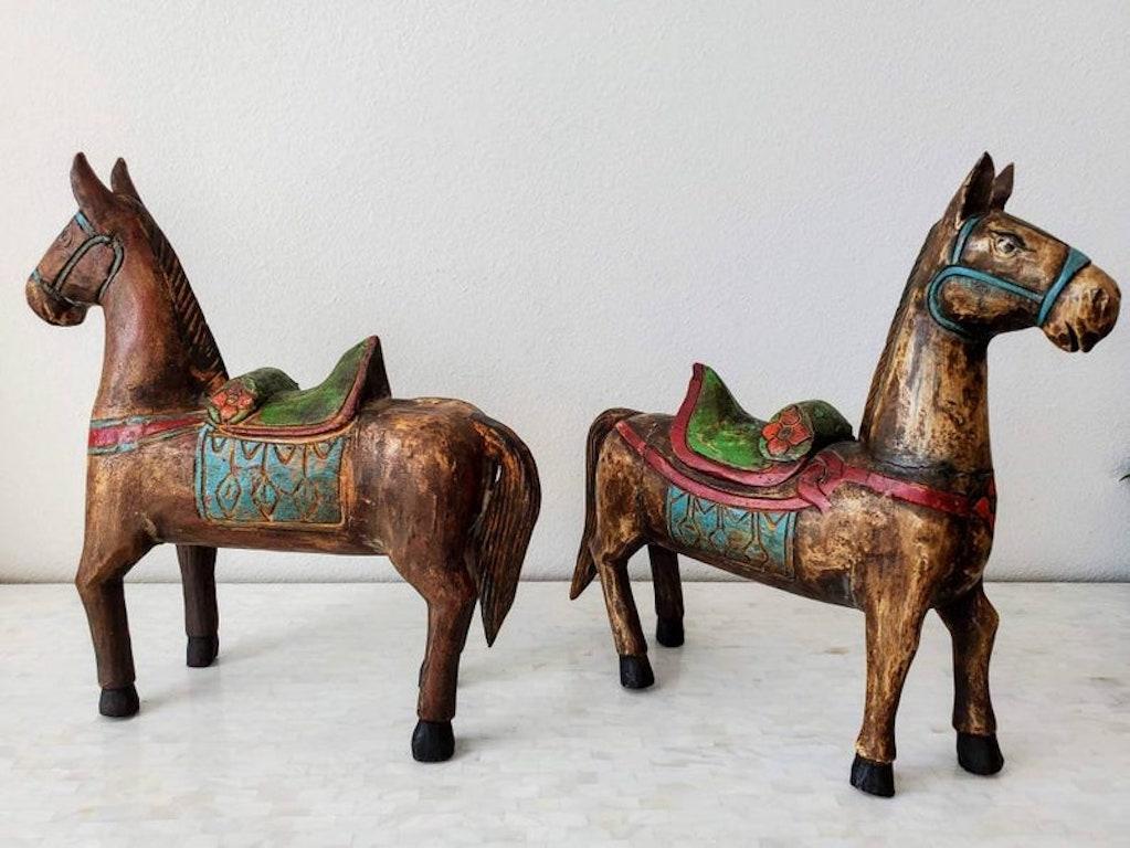 Pair of Antique Hand Carved Folk Art Horse Sculptures 2