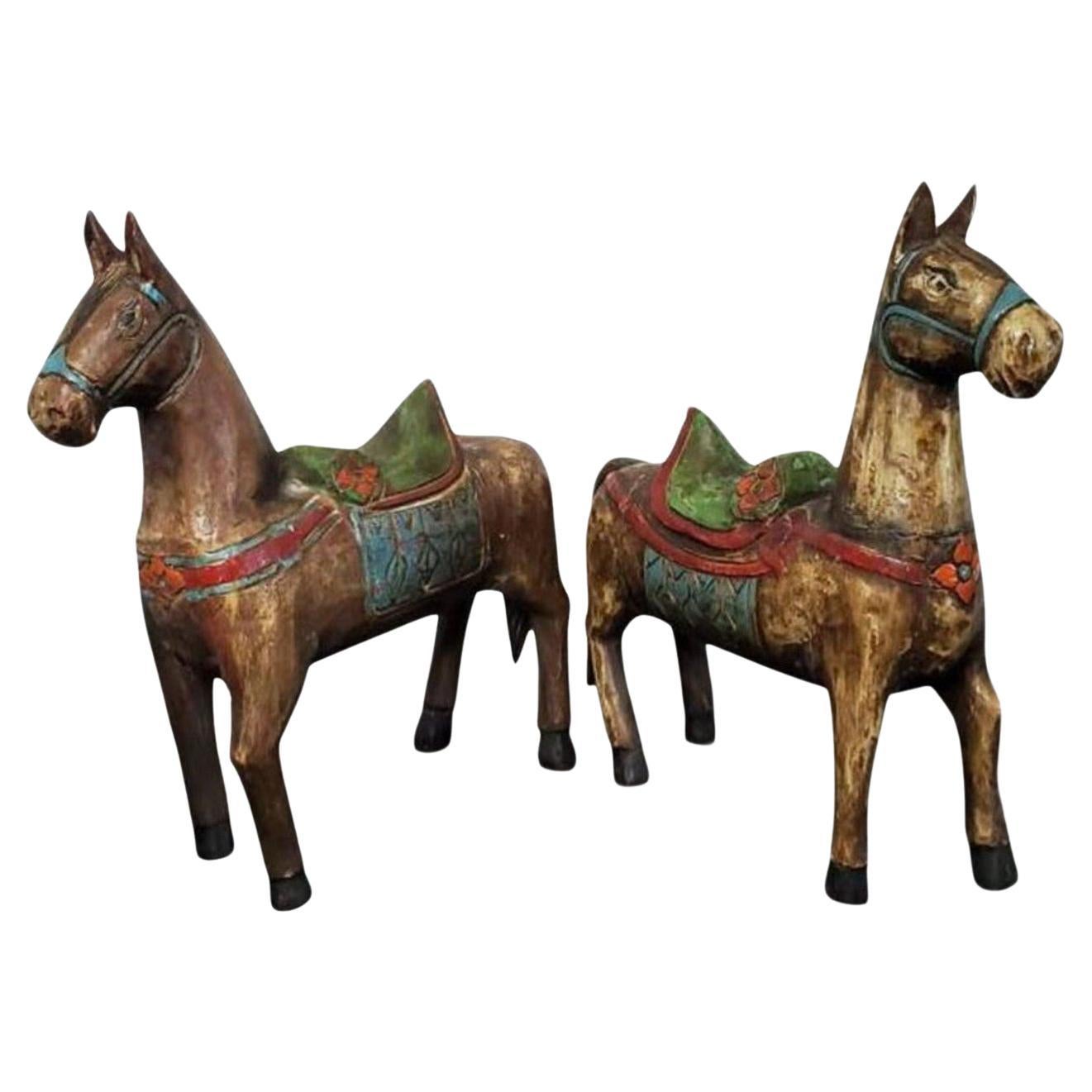 Pair of Antique Hand Carved Folk Art Horse Sculptures