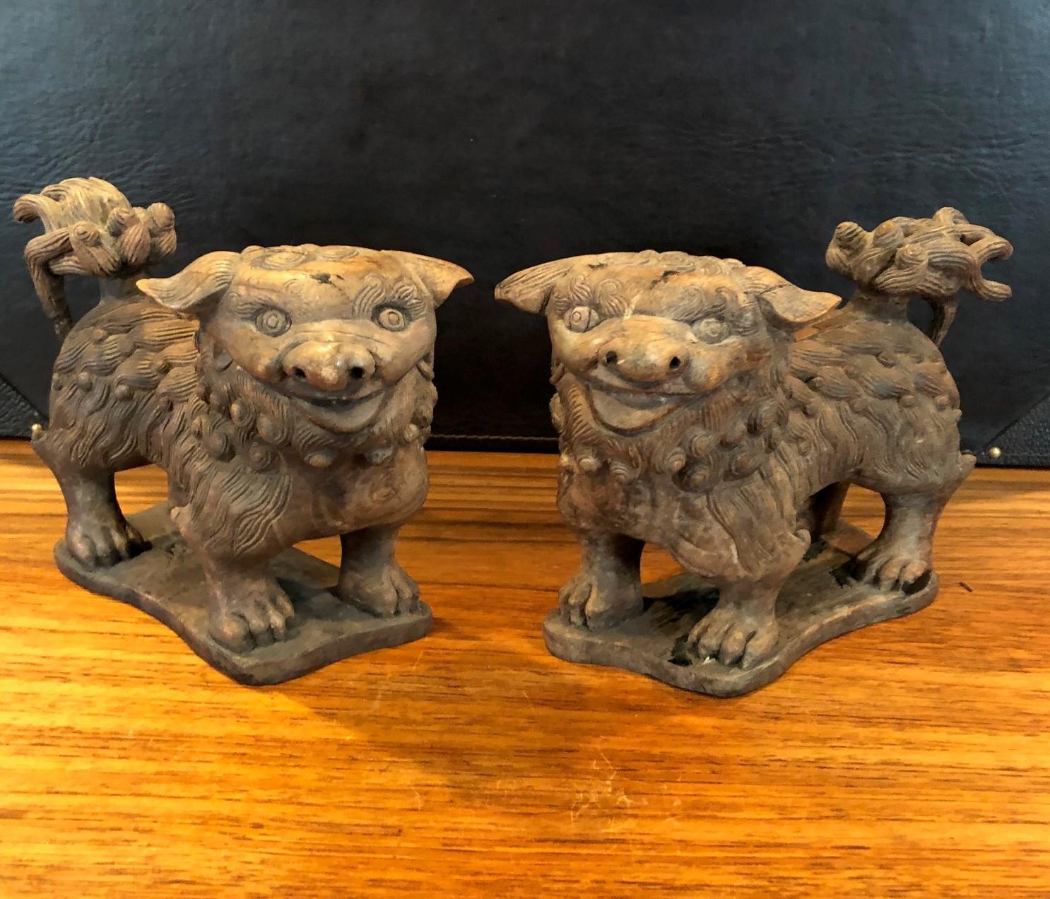 Pair of Antique Hand Carved Hard Wood Chinese Foo Dogs For Sale 5