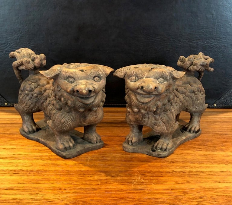 Pair of Antique Hand Carved Hard Wood Chinese Foo Dogs For Sale at 1stDibs