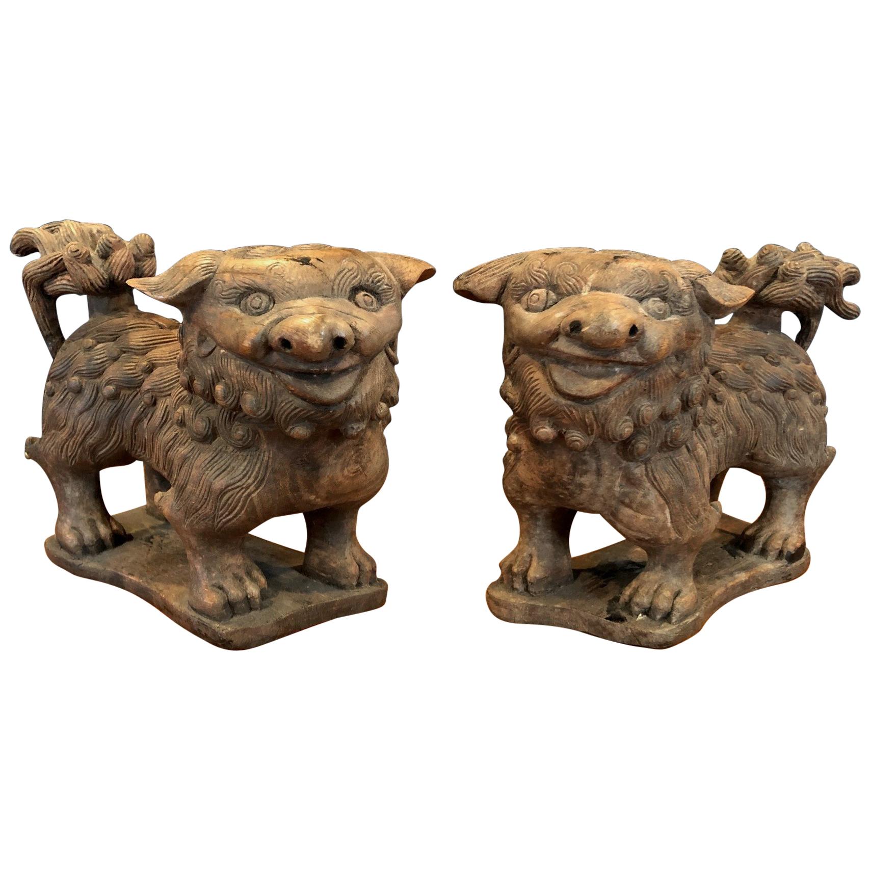 Pair of Antique Hand Carved Hard Wood Chinese Foo Dogs