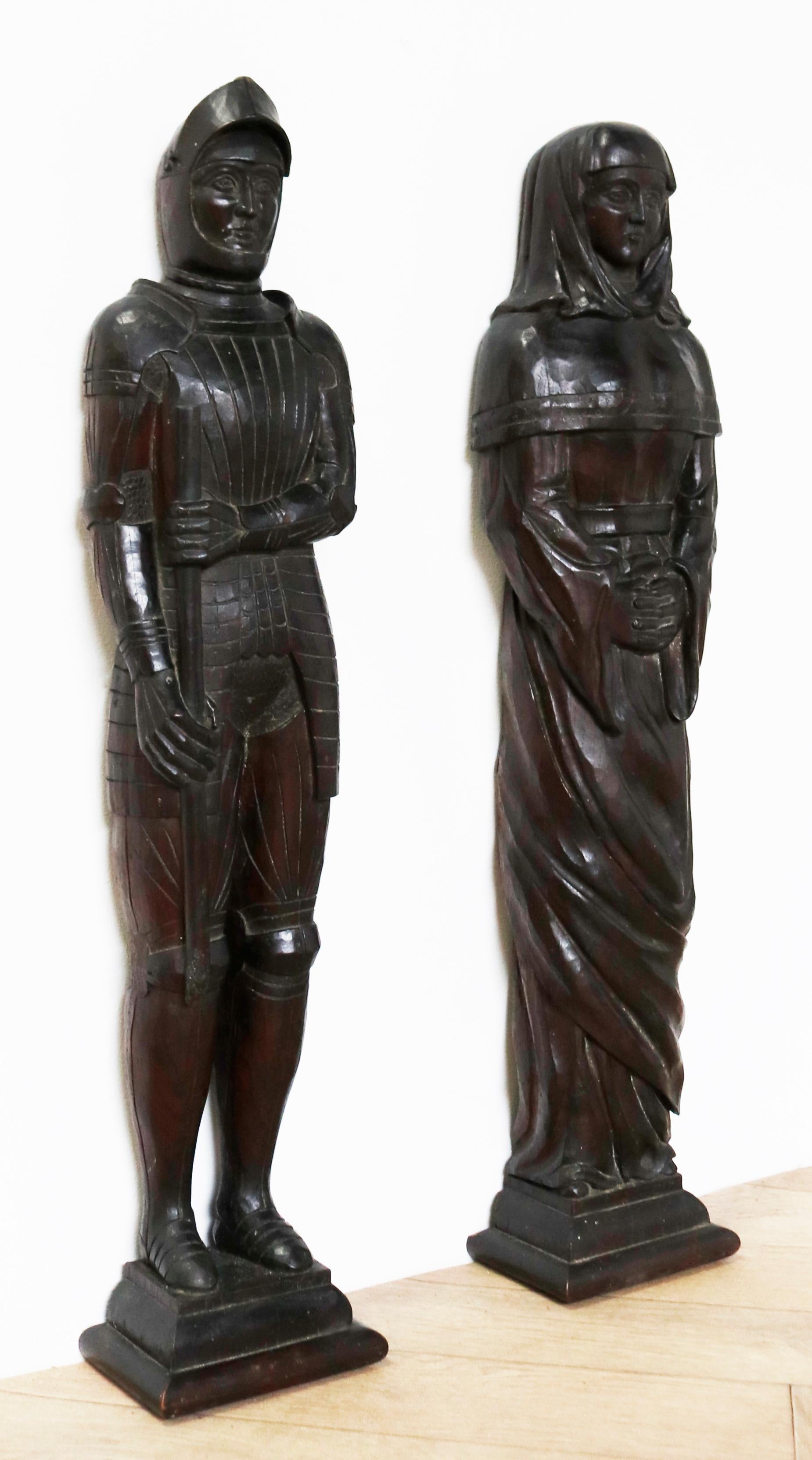 Pair of Antique Hand Carved Oak Figures In Fair Condition For Sale In Wormelow, Herefordshire