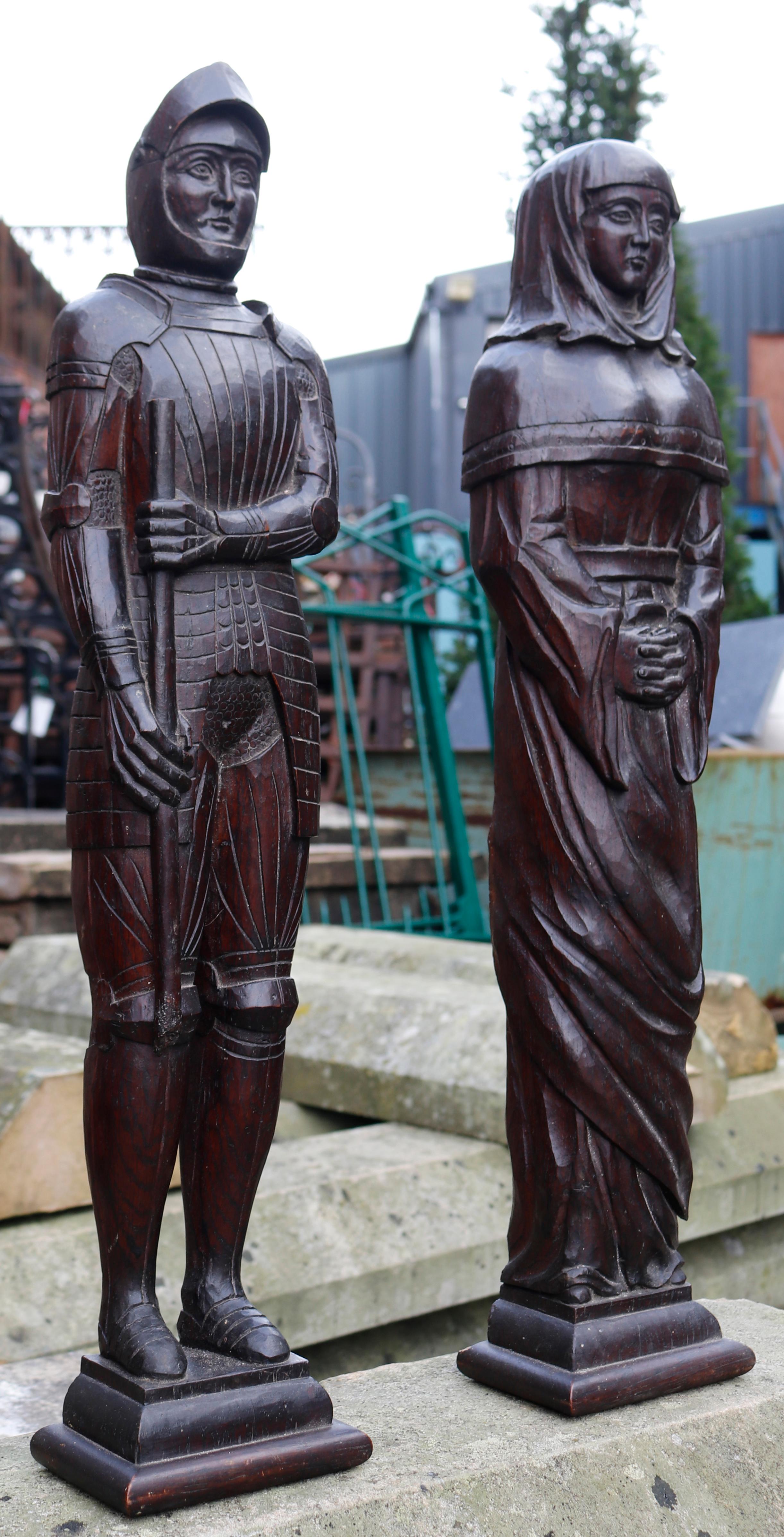 18th Century and Earlier Pair of Antique Hand Carved Oak Figures For Sale