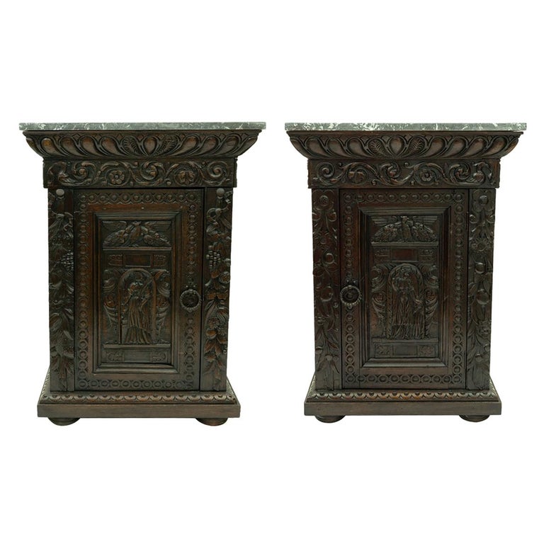 Pair of Antique Hand Carved Oak Night Stands at 1stDibs