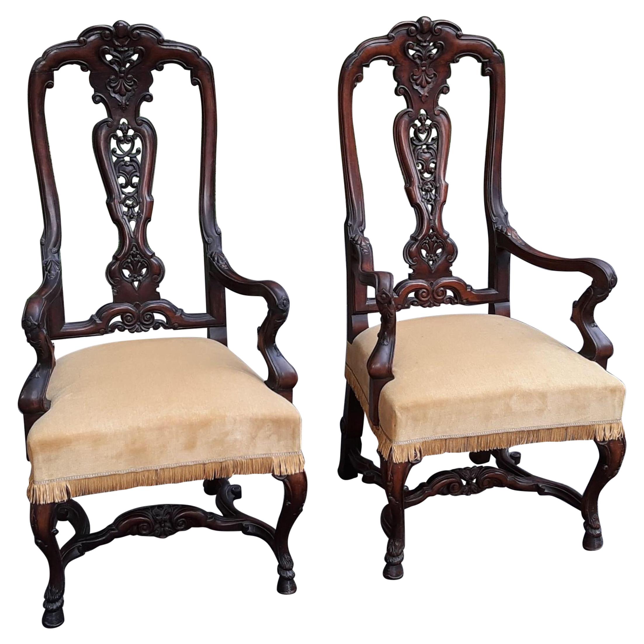 Pair of Antique Hand Carved Walnut English Armchairs For Sale at