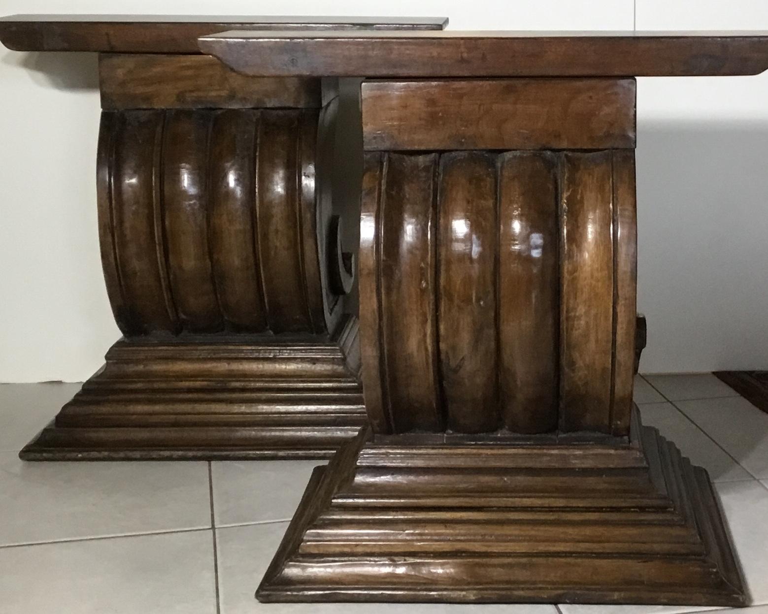 Exceptional pair of antique hand carved wood architectural fragments , made to be a beautiful pair of console or together a great base for dining table with glass or marble top , the pair are made of solid wood ,probably walnut wood and very strong
