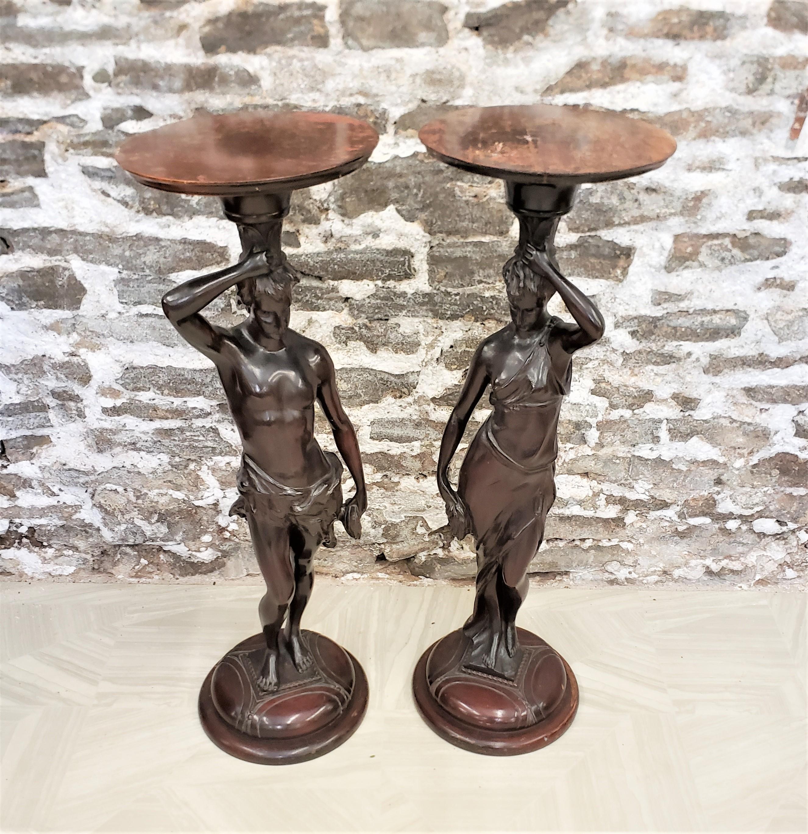 Hand-Carved Pair of Antique Hand Carved Wooden Figural Pedestals of Neoclassical Figures For Sale