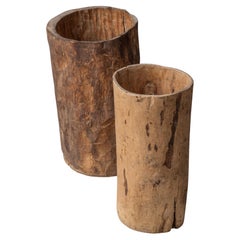 Pair of Antique Hand-Carved Wooden Grain Mortars, Primitive Rustic Vessels