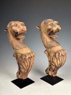 Pair of Antique Hand-Carved Wooden Griffin Figures – Exquisite Architectural Sal