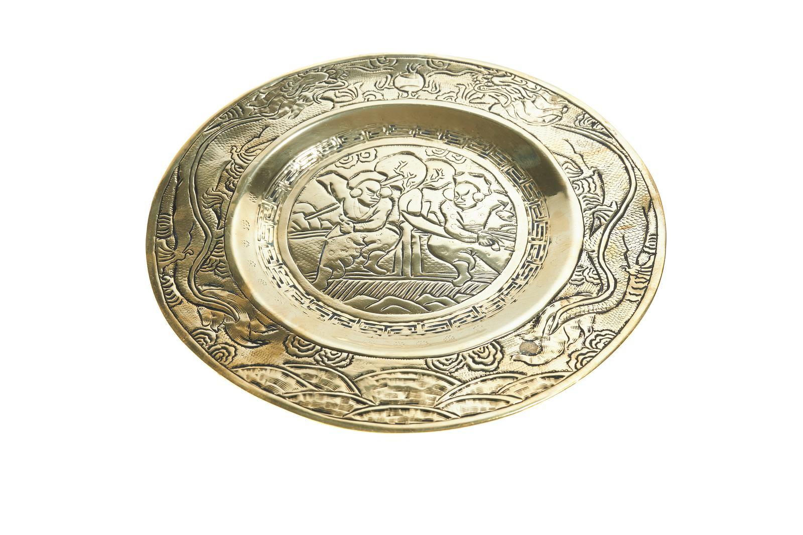 Pair of Antique Hand Engraved Brass Chinese Plates For Sale 2