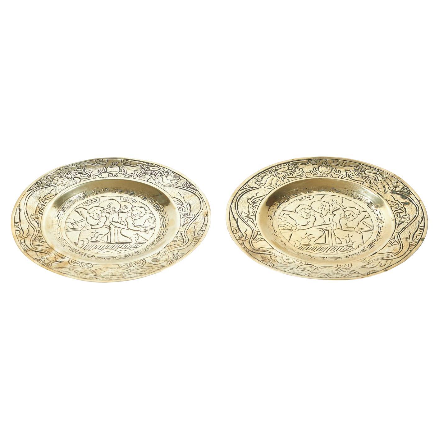 Pair of Antique Hand Engraved Brass Chinese Plates