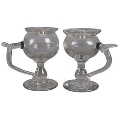 Pair of Antique Hand Held Glass Pedestal Oil Lamps, circa 1830