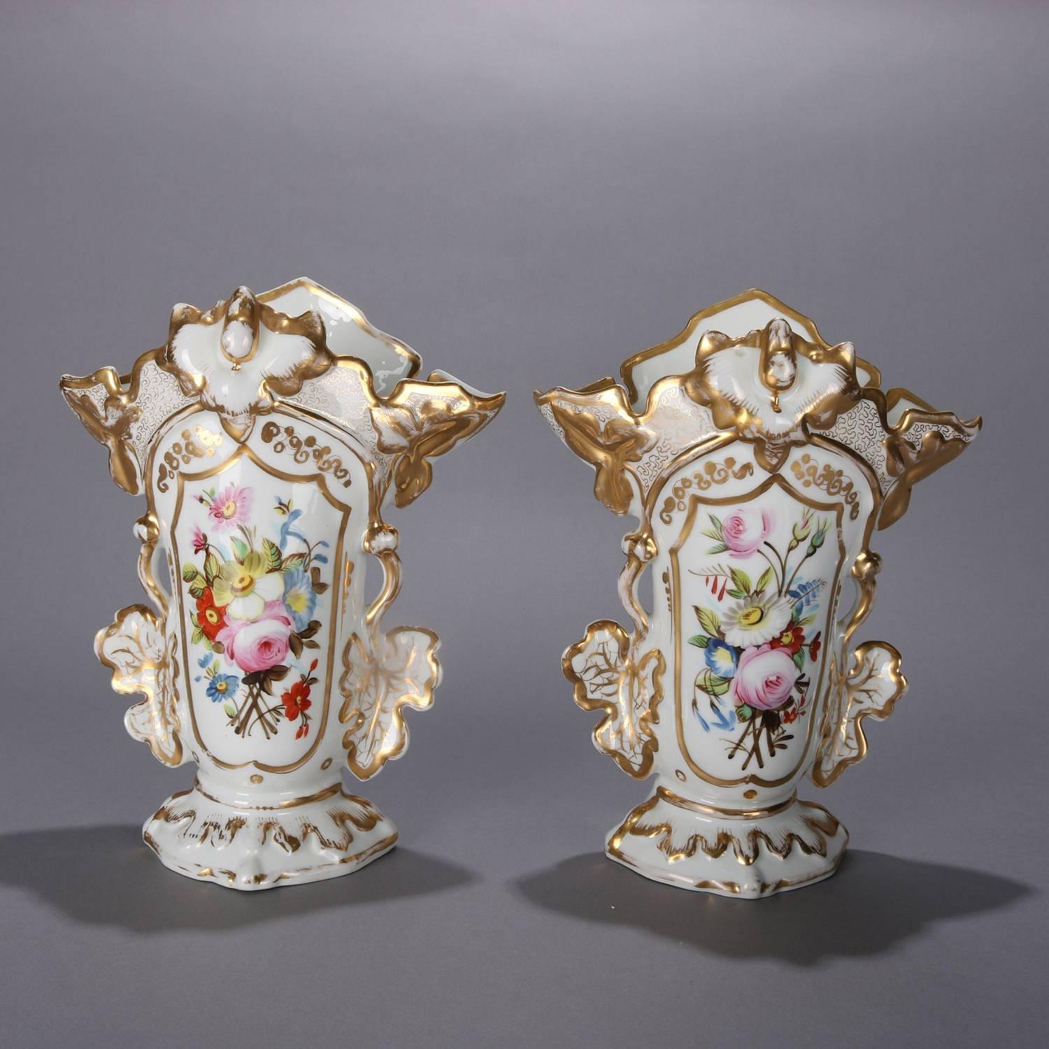 Victorian Pair of Antique Hand-Painted and Gilt Floral Old Paris Porcelain Spill Vases