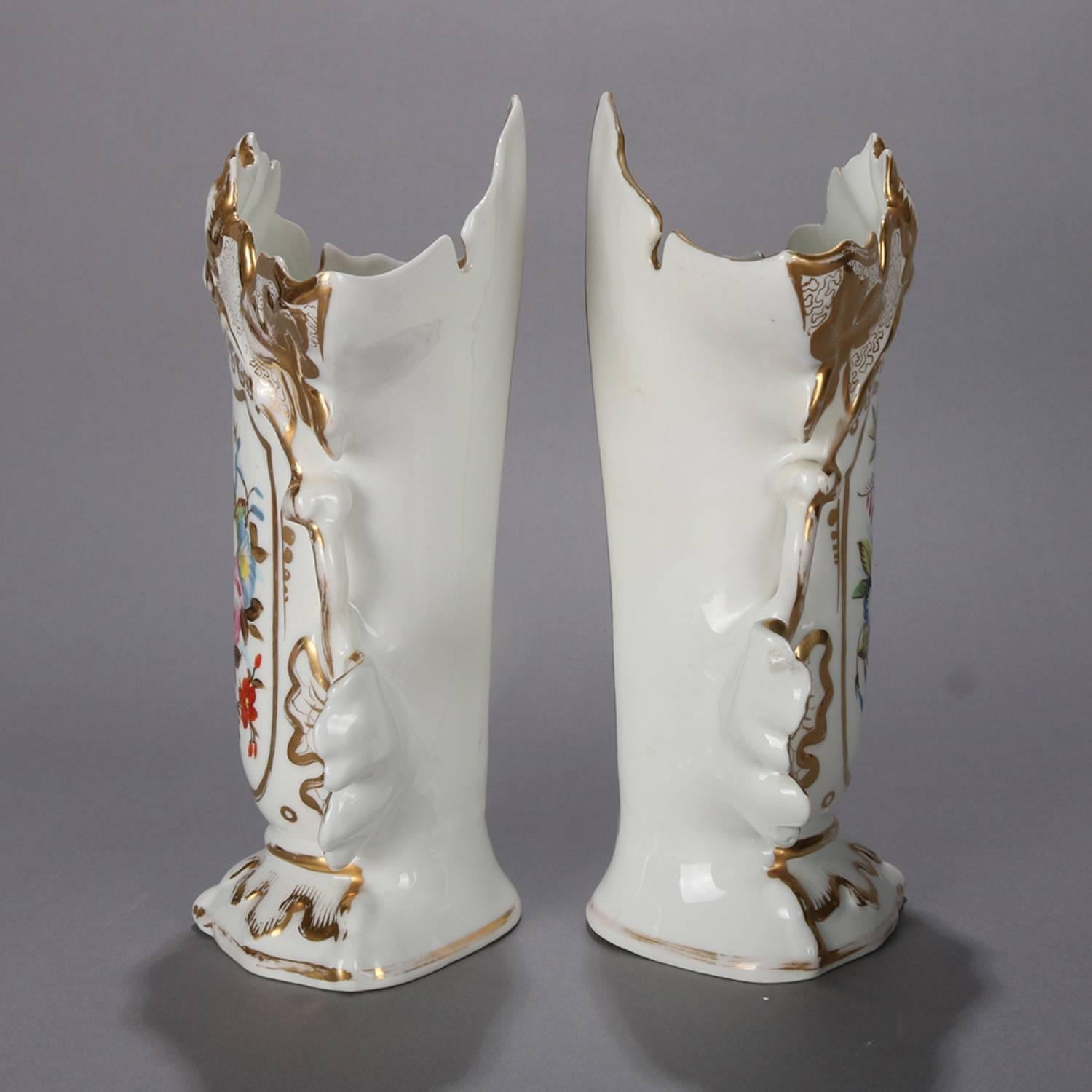 19th Century Pair of Antique Hand-Painted and Gilt Floral Old Paris Porcelain Spill Vases