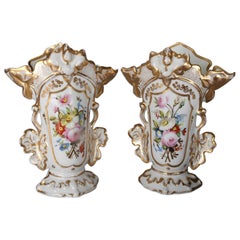 Pair of Antique Hand-Painted and Gilt Floral Old Paris Porcelain Spill Vases