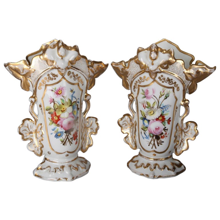 Pair of Antique HandPainted and Gilt Floral Old Paris Porcelain Spill