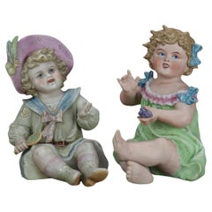 Pair of Antique Hand Painted Bisque Porcelain Piano Babies C1890