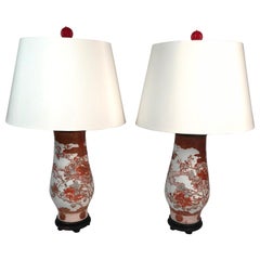 Pair of Antique Hand Painted Japanese Satsuma Porcelain Lamps