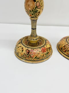 Pair of Antique Hand-Painted Kashmiri Spindle-Twist Candlesticks