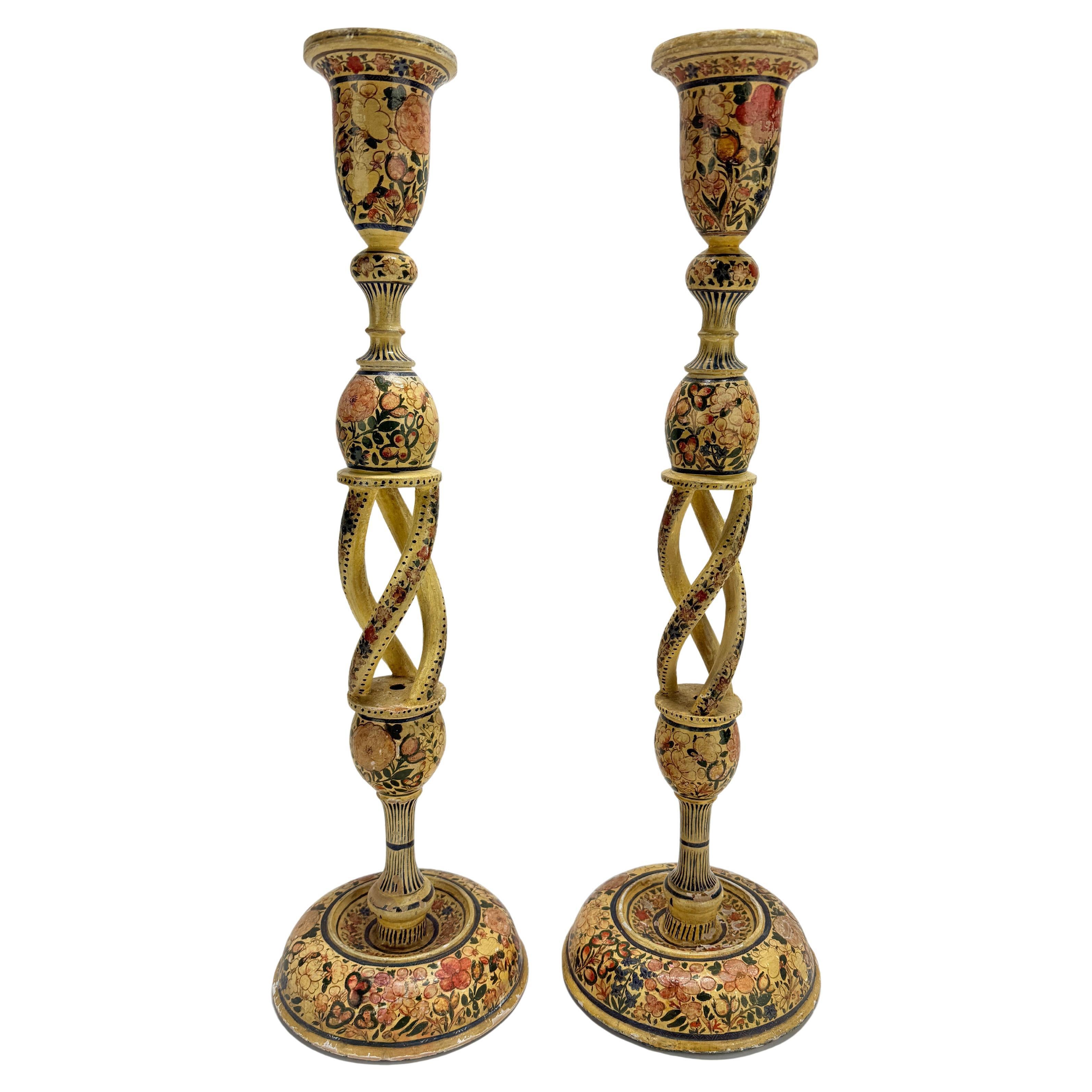 Pair of Antique Hand-Painted Kashmiri Spindle-Twist Candlesticks