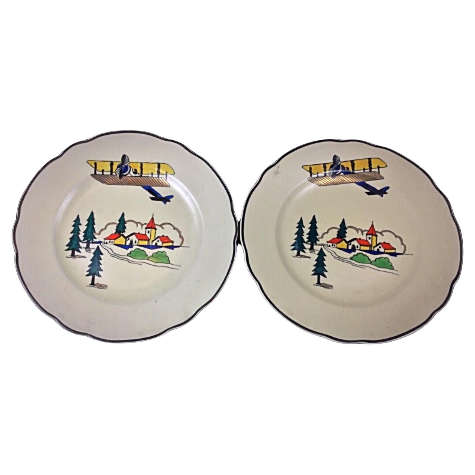 Pair of Antique Hand-Painted Longwy Plates - "Vacance" Design, France, 2Y116